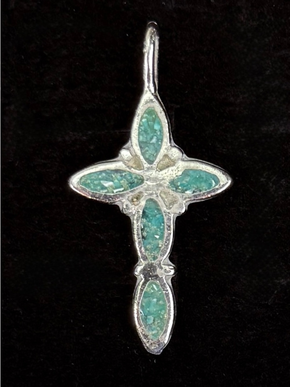 Vintage Cross Pendant Green Stone Inlay Silver Tone Religious Charm